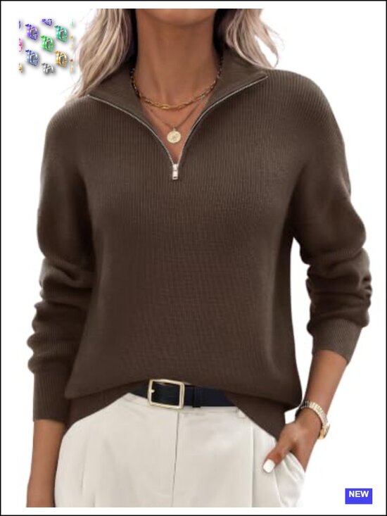 Sweaters - Women's Quarter Zip Knit Pullover Sweater V-Neck Long Sleeve Business Casual